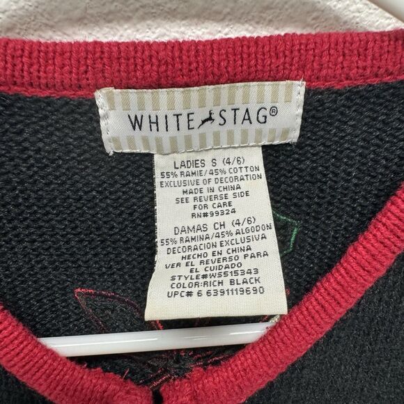 White Stag Christmas Sweater Vest Small 4/6  Black Poinsettia Zip Front VTG - Picture 3 of 4